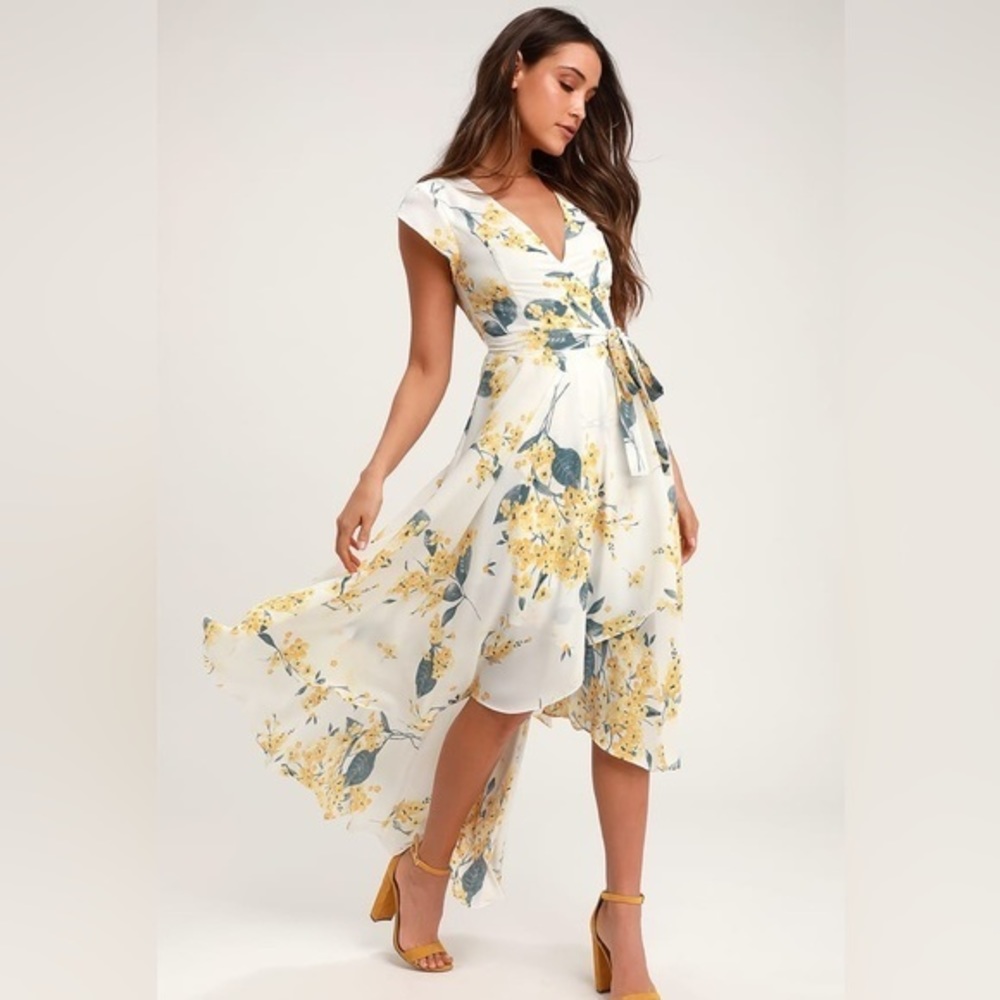 Lulu's Floral High Low Dress in White and Yellow